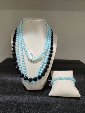 Blue Beaded 56"  And Black Beaded 20" Necklace With Matching Blue Bracelet